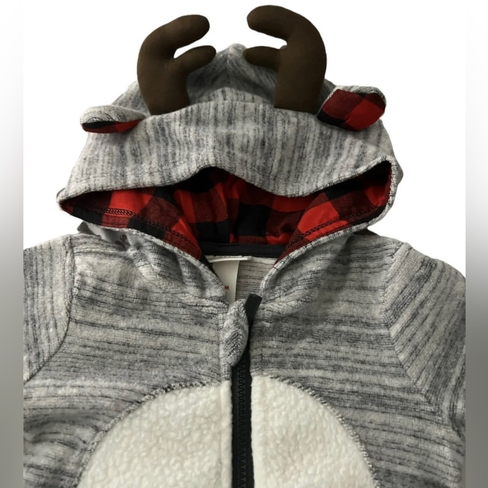 Cat & Jack-Carter's 3-6 Months Reindeer Fleece Hooded Romper Gray Plaid
